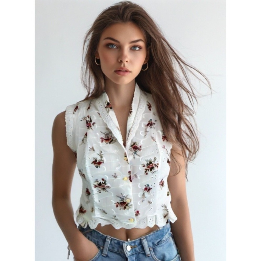 80s-90s Eyelet Lace Top Size Small Embroider Floral Sleeveless White Rose Button